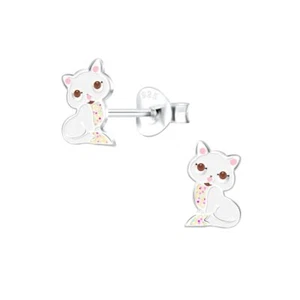 Silver White Cat Stud Earrings - 925 Sterling Silver Women's Jewelry - Picture 1 of 1