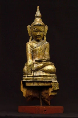 Антикварная 15-дюймовая статуя Будды из позолоченного дерева, период Шан, Таиланд 18 век - Изображение 1 из 4