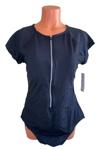 Jantzen Womens Short Sleeve Zip Up One Piece Swimsuit Black Size 16 - Picture 1 of 4
