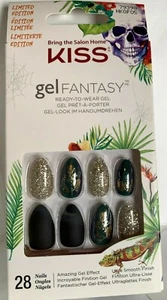 Kiss Nails Gel Fantasy Glue or Press on Manicure Dark Green & Gold Almond Limit - Picture 1 of 2