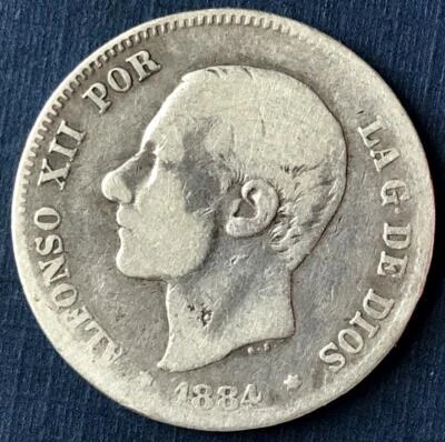 🇪🇸🇪🇸 1884 MSM SPAIN 2 PESETAS / 2 Pesetas - Alfonso XII  🇪🇸🇪🇸 - Image 1 of 4