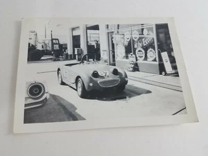 Vintage Black & White Photo Convertible Sports Car Roll Bar Gas Station - Picture 1 of 2