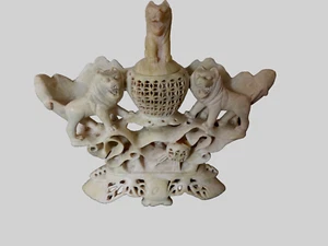 Chinese stone hand carved lion figures small koro with lid vintage mid cemtury - Picture 1 of 7