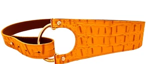 KEMESTRY ORANGE CROCO-EMBOSSED LEATHER BELT, GOLD RING-STUD CLOSURE, SZ S - Picture 1 of 5