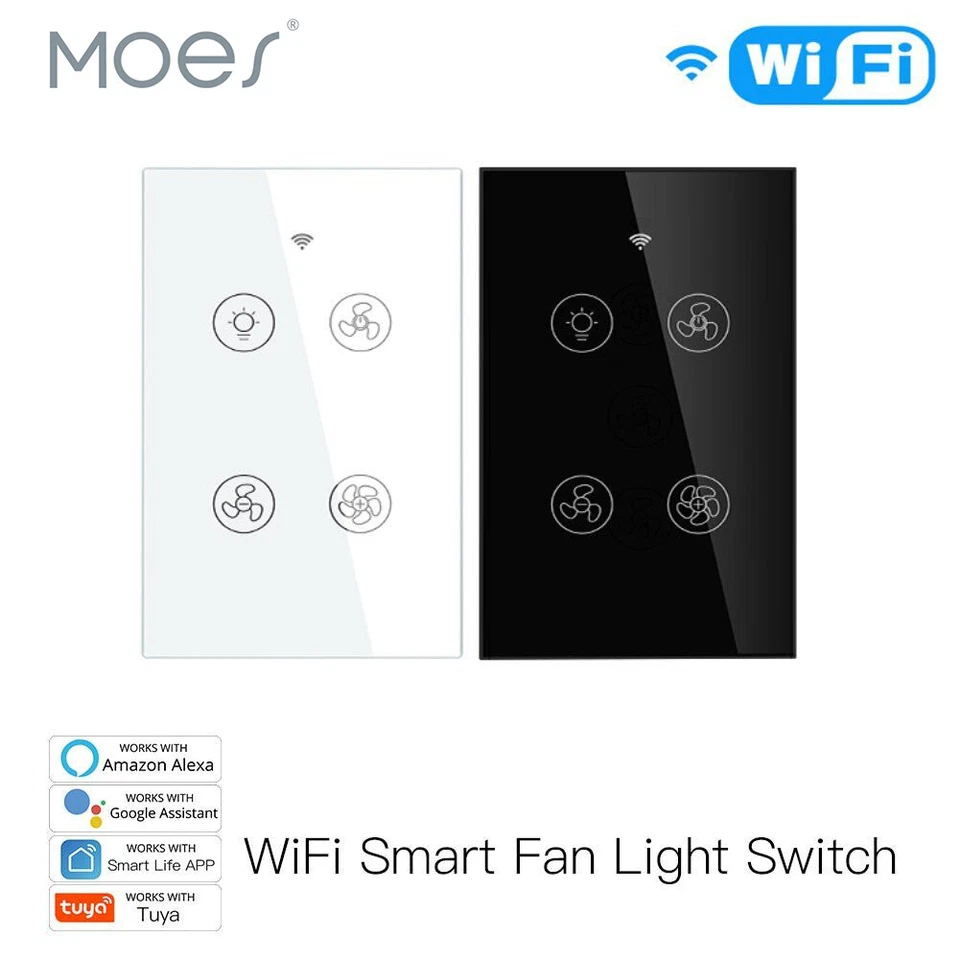 MOES Smart Ceiling Fan Light Switch WiFi RF Wall Touch Panel Alexa Google APP - Image 1 of 4