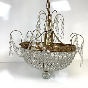 Brass Glass Crystal Chandelier Hanging Basket Ceiling Lighting Fixture 9.75” Dia - Picture 1 of 11