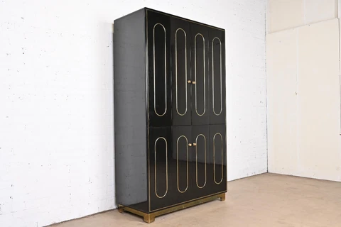 Romweber Mid-Century Modern Black Lacquer and Brass Lighted Bar Cabinet, 1970s Cover