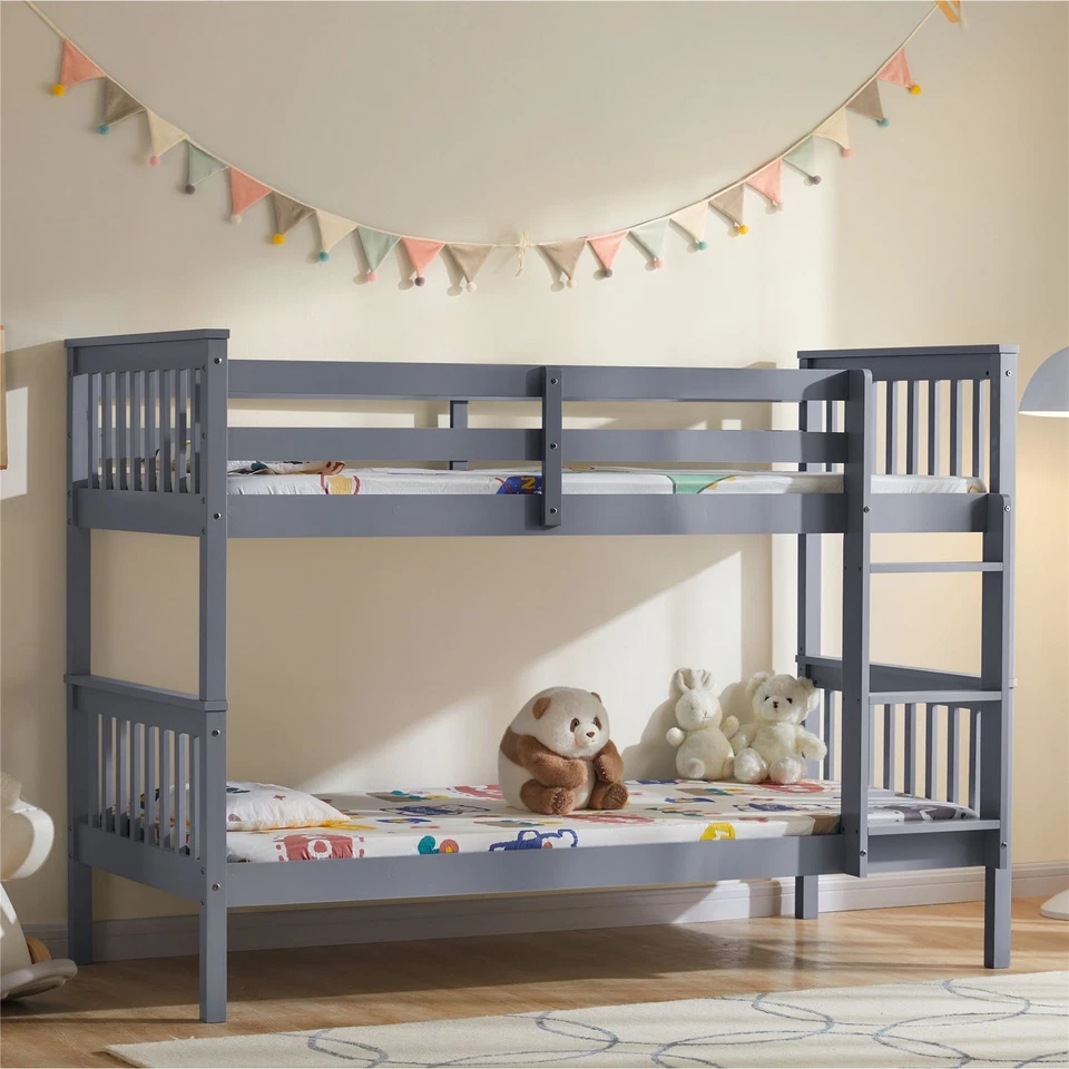 Bunk Bed High Sleeper Solid Wood Frame Slats Ladder Childrens Single 3ft Grey