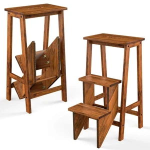 Costway 3 Tier Folding Step Stool 3-in-1 Rubber Wood Ladder Storage Shelf Coffee - Picture 1 of 9