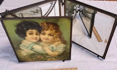 Antique Victorian Beveled Tri-Fold Hanging Mirror Painted Ladies Girls - Image 1 of 4