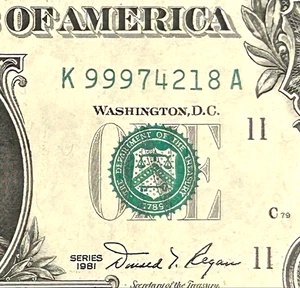 Fancy High Serial #99974218 - UNC 1981 $1 Bill Federal Reserve Note - Picture 1 of 3