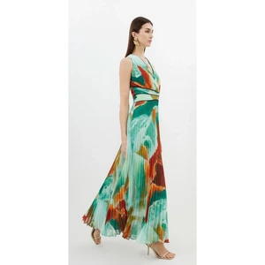 Karen Millen Damen abstrakt bedruckt weich Plissee Ausschnitt Maxikleid Größe 12 Neu mit Etikett - Bild 1 von 15