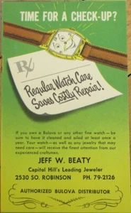 Bulova Uhr 1940er Werbepostkarte, Oklahoma City, OK Juwelier Capitol Hill - Bild 1 von 1