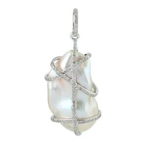 Natural Diamond & Pearl Dangle Pendant14k White Gold Handmade Jewelry For Gifts - Picture 1 of 5
