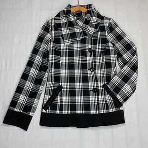 Guess Womens Pea Coat sz S Black White Plaid Button Up Lined Cotton Pockets - Picture 1 of 24