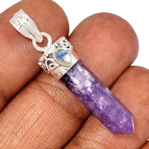 Natural Purple Lepidolite & Moonstone 925 Silver Pendant ZS14 CP49701 - Photo 1 sur 1