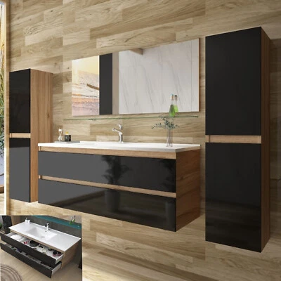 Badmöbel Set Eiche / Schwarz Hochglanz Badezimmermöbel komplett Set Bad 6tlg Bad - Bild 1 von 4