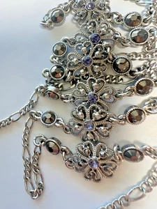 VTG Crown Trifari Silvertone Marcasite Necklace Flowers & Rhinestones 16 in - Picture 1 of 13