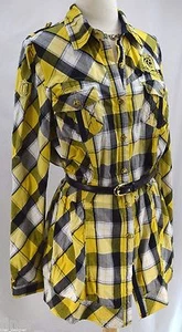 COOGI Misses yellow navy blue Plaid Gold Button long shirt Top tab slv XL XLarge - Picture 1 of 10