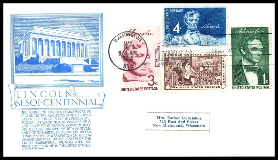 1959 Abraham Lincoln 150th Sc 1113-1116 FDC with C. Stephen Anderson cachet (J08 - Image 1 of 1