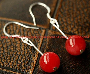 Charming 12MM Red Jade Round Gemstone 925 Silver Hook Dangle Earrings AAA - Picture 1 of 12
