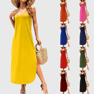 Womens Summer Solid Sleeveless Long Maxi Swing Dresses Hawaii Beach Party Gowns