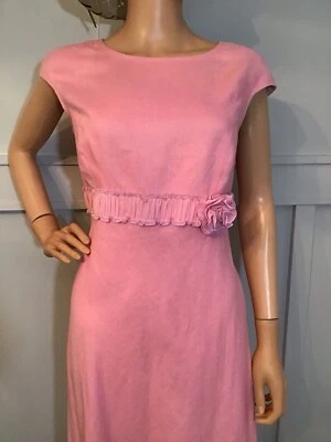 Vestido Vintage Rosa Lino Cintura Imperio Gasa Cinta Flor Forrado Talla 10 Foto 1 de 4