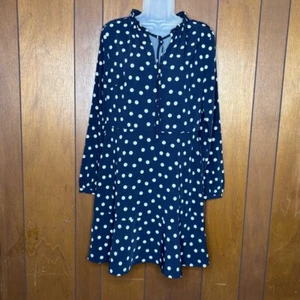 LOFT Dress 6 Navy Blue Polka Dot Ruffle Neck Tie Keyhole Retro Mod Cottagecore - Picture 1 of 15