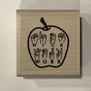 NICE WORK Apple in ASL Rubber Stamp - Deaf American Sign Language Teacher Class - Picture 1 of 9