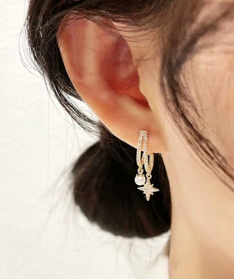 Elegant Pearl and Star Sparkling Rhinestone Crystal Drop Dangle Earrings (#BE77) - Image 1 of 2