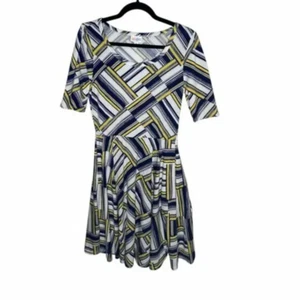 Vestido Lularoe Nicole 🦄 Blanco Azul Amarillo Rayas Bolsillos Medianos - Imagen 1 de 3