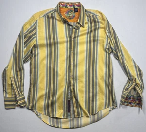 Robert Graham Yellow Striped Flip Cuff Colorful Floral Silk Trim Shirt Button XL - Picture 1 of 15