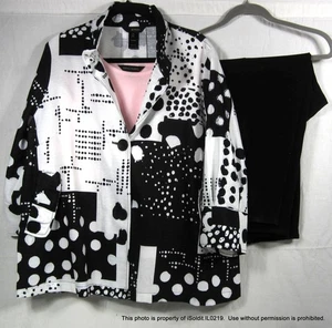 3-PC WOMENS Ali Miles JACKET 1X , Ming Want SHELL TOP 2X, PANTS Black White Pink - Picture 1 of 9
