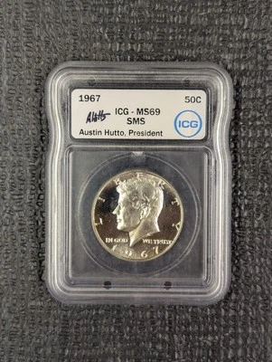 1967 SMS MS 69 KENNEDY HALF DOLLAR 50C ICG - Austin Hutto Signed White Label - Image 1 of 4