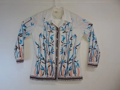 竹纹复古 20 世纪 70 年代涤纶衬衫女式纽扣美国制造 — 第 1/4 张图片