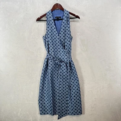 Lafayette 148 New York Dress Womens 8 Blue Sleeveless Wrap Belted Geometric - Image 1 of 4