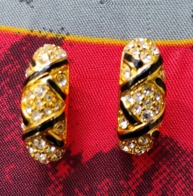 Swarovski Swan Signed Pierced Earrings Black Enamel Clear Crystal Half Hoop - Image 1 of 4