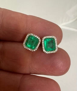 AAAA+ 3.32ctw Natural Colombian Emerald & Diamond Stud Earrings 18K Y.G - Picture 1 of 10
