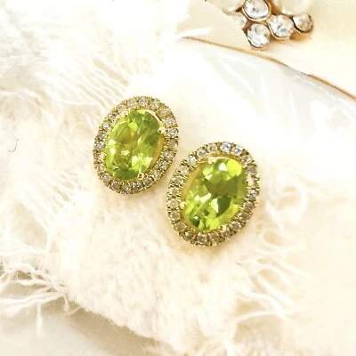 10k Yellow Gold Genuine Peridot & Diamond Halo Stud Earrings, New - Image 1 of 4