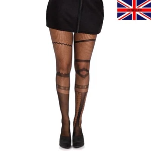 Womens Black Barbed Wire Fishnet Patterned Tights Gothic Lace Goth UK 6-16 - Picture 1 of 9