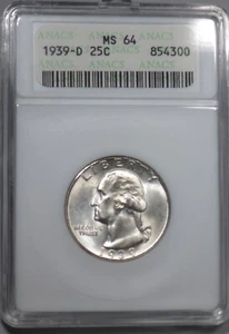 1939-D Washington Quarter ANACS graded MS 64 - Picture 1 of 4
