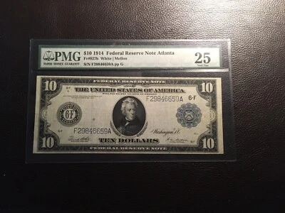 10.00 1914 Federal Reserve Note Atlanta PMG 25 VF Harder to find type Fr927-B - Image 1 of 2