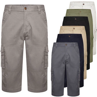 Mens 3/4 Cargo Shorts Combat Chino Pants Long Length Cotton Multi Pocket Utility - Image 1 of 4