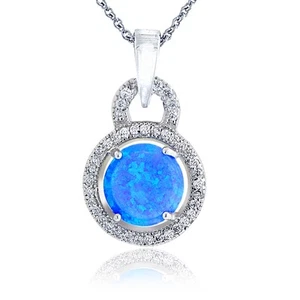 Sterling Silver Lab Created Blue Opal & Cubic Zirconia Round Necklace - Picture 1 of 3
