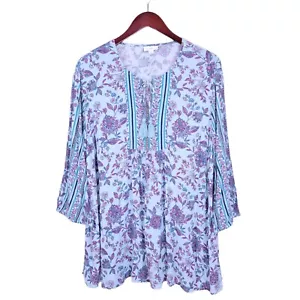 J. JILL Top Size XL Blue Floral Tasseled Soft Crinkle Keyhole Tunic Blouse Shirt - Picture 1 of 10