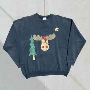 Vintage 90'S Christmas Moose Reindeer Women's Black Sweatshirt Crew NeckXl - Picture 1 of 3