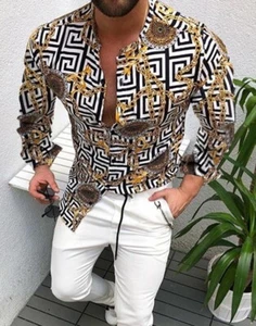 Button Up Shirt Men's Black White Gold Chain Casual Collarless Beach Party Dress - Picture 1 of 1