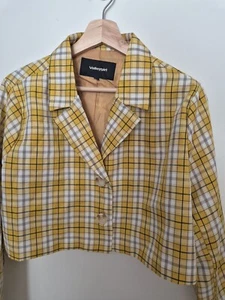 Womens Cher Clueless Preppy Jacket Sz 14 Cropped Yellow Checked Blazer - Picture 1 of 3