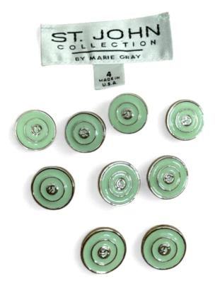St John Buttons Mint Green Silver Enamel Logo Round Lot of 8 Replacement - Image 1 of 3