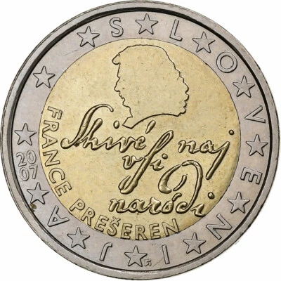 Slovénie, 2 Euro, The poet France Prešeren, 2007, Vantaa, Bimétallique, SPL - Photo 1/2
